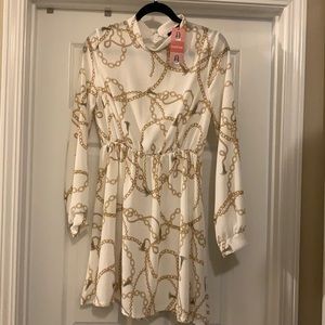 NWT. BooHoo Woven Chain Print Neck Skater Dress, Ivory US size 6